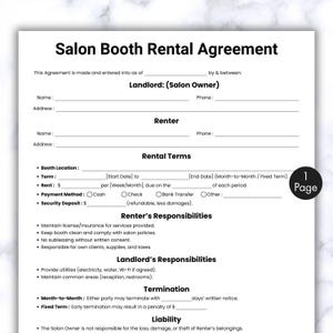 Simple Salon Booth Rental Contract, One Page Booth Rental Agreement, Printable & Editable Salon Station Lease, Spa Rental, Salon Chair