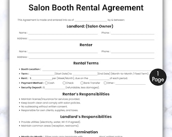 Einfacher Salonstand-Mietvertrag, einseitiger Stand-Mietvertrag, druckbare und bearbeitbare Salonstation-Mietvertrag, Spa-Verleih, Salonstuhl