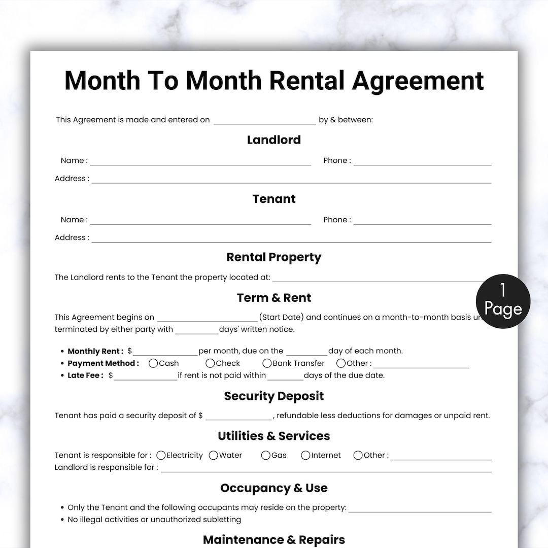 Simple Month to Month Rental Agreement, One Page Tenant Agreement