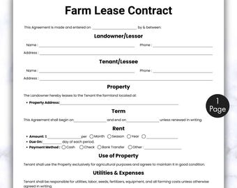Simple Farm Lease Contract, One Page Agricultural Land Lease Form, Printable & Editable Farm Land Rent Agreement, Canva, Instant Download