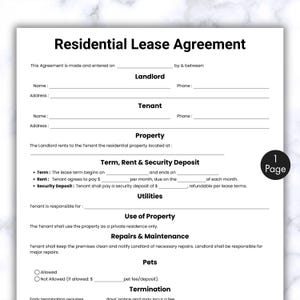 Simple Rental Agreement Template, One Page Lease Agreement, Printable & Editable Residential Housing Agreement, Landlord Property Forms
