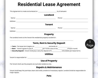 Simple Rental Agreement Template, One Page Lease Agreement, Printable & Editable Residential Housing Agreement, Landlord Property Forms