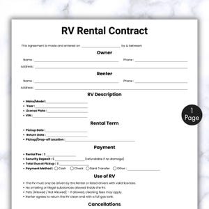 Simple RV Rental Agreement, One Page Motorhome Contract, Printable & Editable Trailer Rental Form, Motorhome Lease, Caravan Trailer