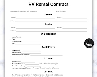 Simple RV Rental Agreement, One Page Motorhome Contract, Printable & Editable Trailer Rental Form, Motorhome Lease, Caravan Trailer
