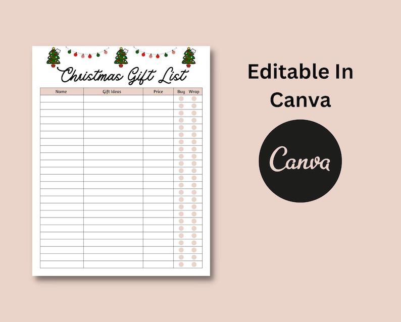 K&ouml;nnte beinhalten: Druckbare Weihnachtsgeschenkliste mit einem festlichen Design mit Weihnachtsb&auml;umen und Lichtern. Die Liste enth&auml;lt Spalten f&uuml;r Name, Geschenkideen, Preis, Kaufen und Einpacken.