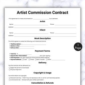 May include: A white Artist Commission Contract with black text. The document includes sections for artist and client information, work description, payment terms, delivery, copyright, and cancellation policies. The document is one page long.