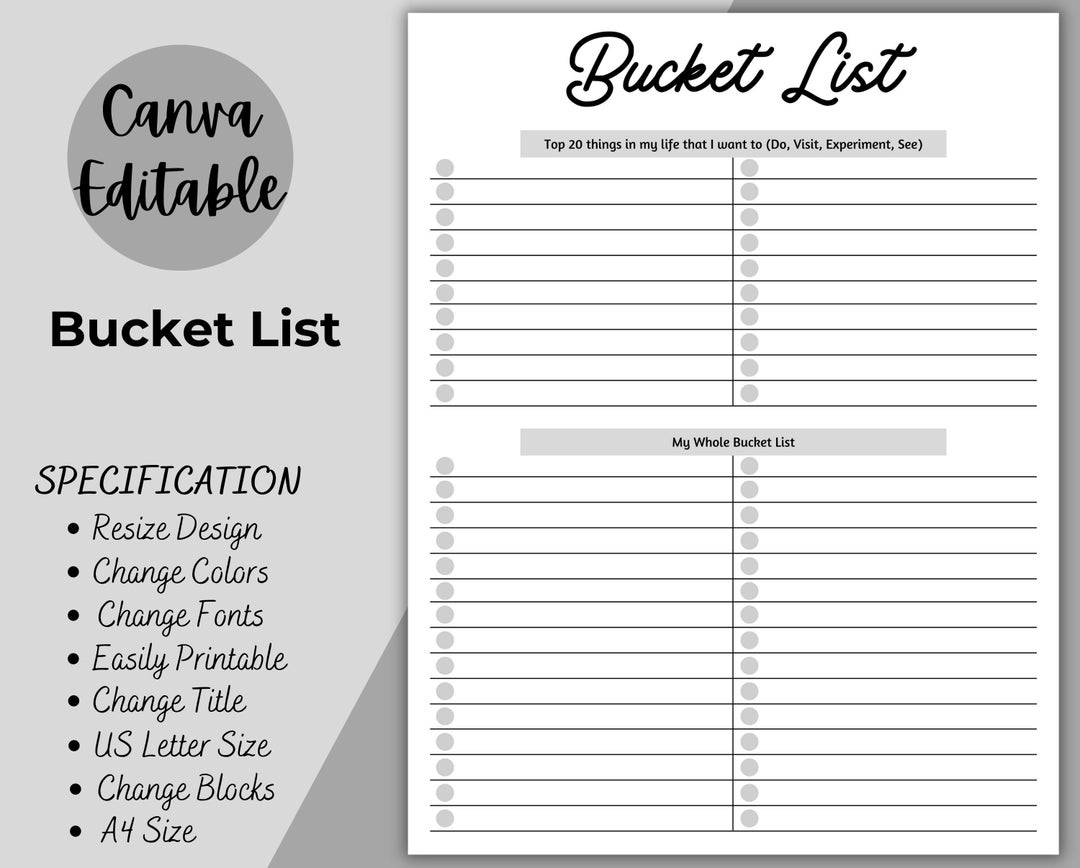 Bucket List, Printable Bucket List Tracker, Bucket Checklist, Bucket