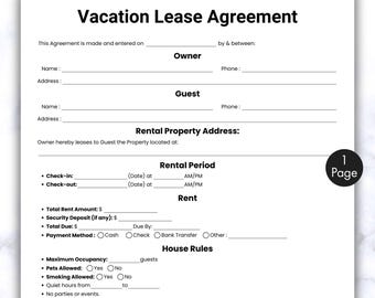 Simple Vacation Lease Agreement, One Page Short Term Rental Contract Template, Printable & Editable Landlord form, Property Rental Agreement