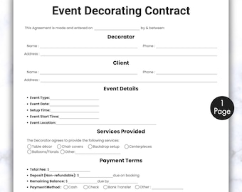 Simple Event Decorating Contract, One Page Event Planning Service Template Form, Printable & Editable Decor Rental Agreement Party Decorator