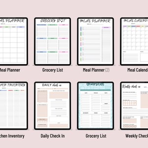 May include: A set of printable digital planner pages for meal planning, grocery lists, kitchen inventory, and daily and weekly check-ins. The pages are designed in a minimalist style with pastel colours and grid layouts.