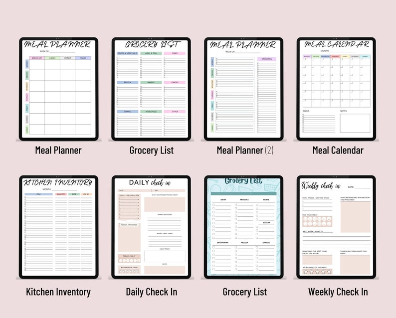 May include: A set of printable digital planner pages for meal planning, grocery lists, kitchen inventory, and daily and weekly check-ins. The pages are designed in a minimalist style with pastel colours and grid layouts.