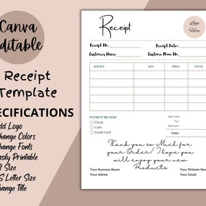Receipt Template, Canva Editable Billing Template, Order Form, Business Receipt, Payment Receipt, Purchase Receipt Digital Instant Download