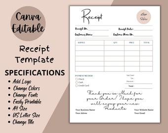 Plantilla de recibo, plantilla de facturación editable de Canva, formulario de pedido, recibo comercial, recibo de pago, recibo de compra, descarga instantánea digital