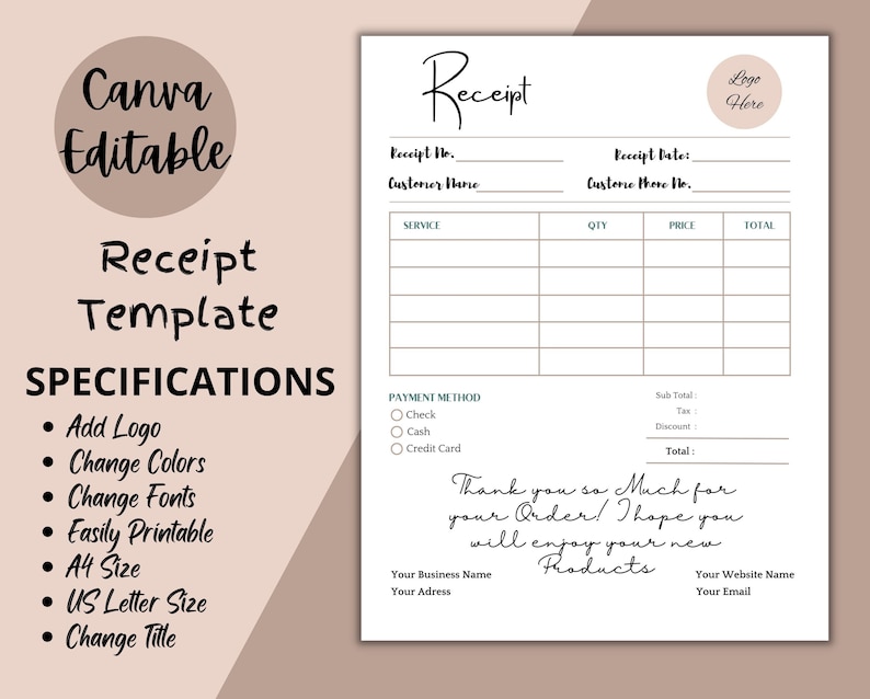 May include: A printable receipt template with a minimalist design. The template includes sections for service, quantity, price, total, payment method, and a thank you message. The template is customizable with a logo, colors, fonts, and title.
