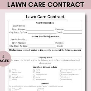 Lawn Care Agreement, Service Contract, Garden Care Agreement, Agreement Template, Landscaping Contract, Editable Template, Instant Download