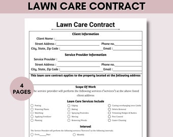 Lawn Care Agreement, Service Contract, Garden Care Agreement, Agreement Template, Landscaping Contract, Editable Template, Instant Download