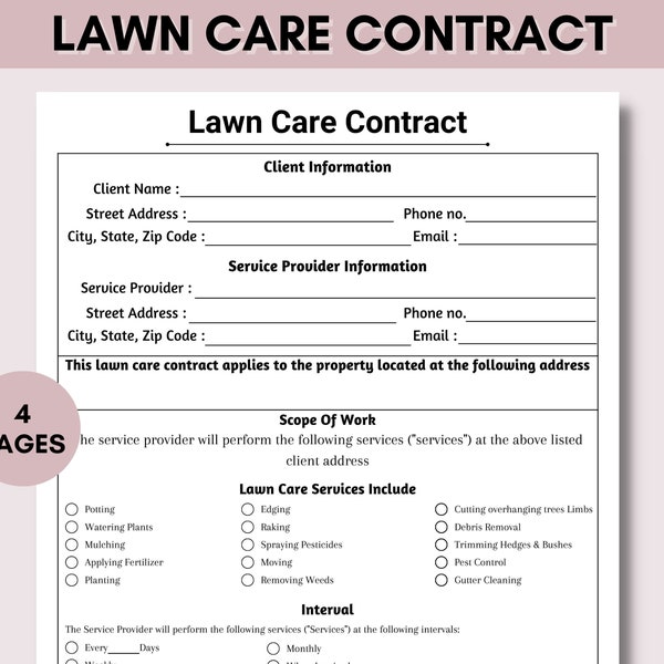 Lawn Care Agreement, Service Contract, Garden Care Agreement, Agreement Template, Landscaping Contract, Editable Template, Instant Download