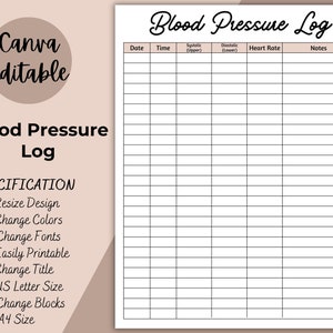 Blood Pressure Log Printable, Editable Blood Pressure Tracker. Medical Tracker. BP Tracker. Daily Blood Pressure. Blood Pressure Chart