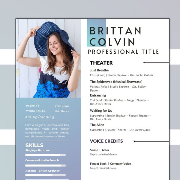 Editable Acting resume template with photo for Canva, actor & actress resume, theatre resume, actor cv, tv host resume, stunt performer cv