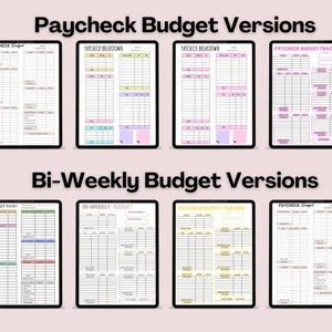 May include: A digital image displaying eight different printable budget tracker templates. The templates are designed for both weekly and bi-weekly paychecks. The templates are in black and white with colourful accents.