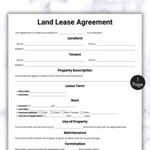 シンプルな土地賃貸契約書テンプレート、1ページの土地賃貸契約書、印刷・編集可能な農地賃貸契約書、デジタル農業賃貸契約書（PDF）