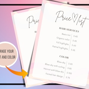 MODERN PRINTABLE PRICE list Editable Price List template, Simple lash brow minimal, Extension Electronic price sheet, custom price list