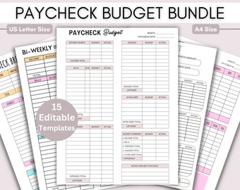 Op de afbeelding: Een set van 15 printbare budget sjablonen in de formaten US Letter en A4. De sjablonen zijn ontworpen voor tweewekelijkse budgettering en bevatten secties voor inkomsten, rekeningen, besparingen, extra schulden en een budgetsamenvatting. De sjablonen zijn bewerkbaar en hebben een roze en wit kleurenschema.
