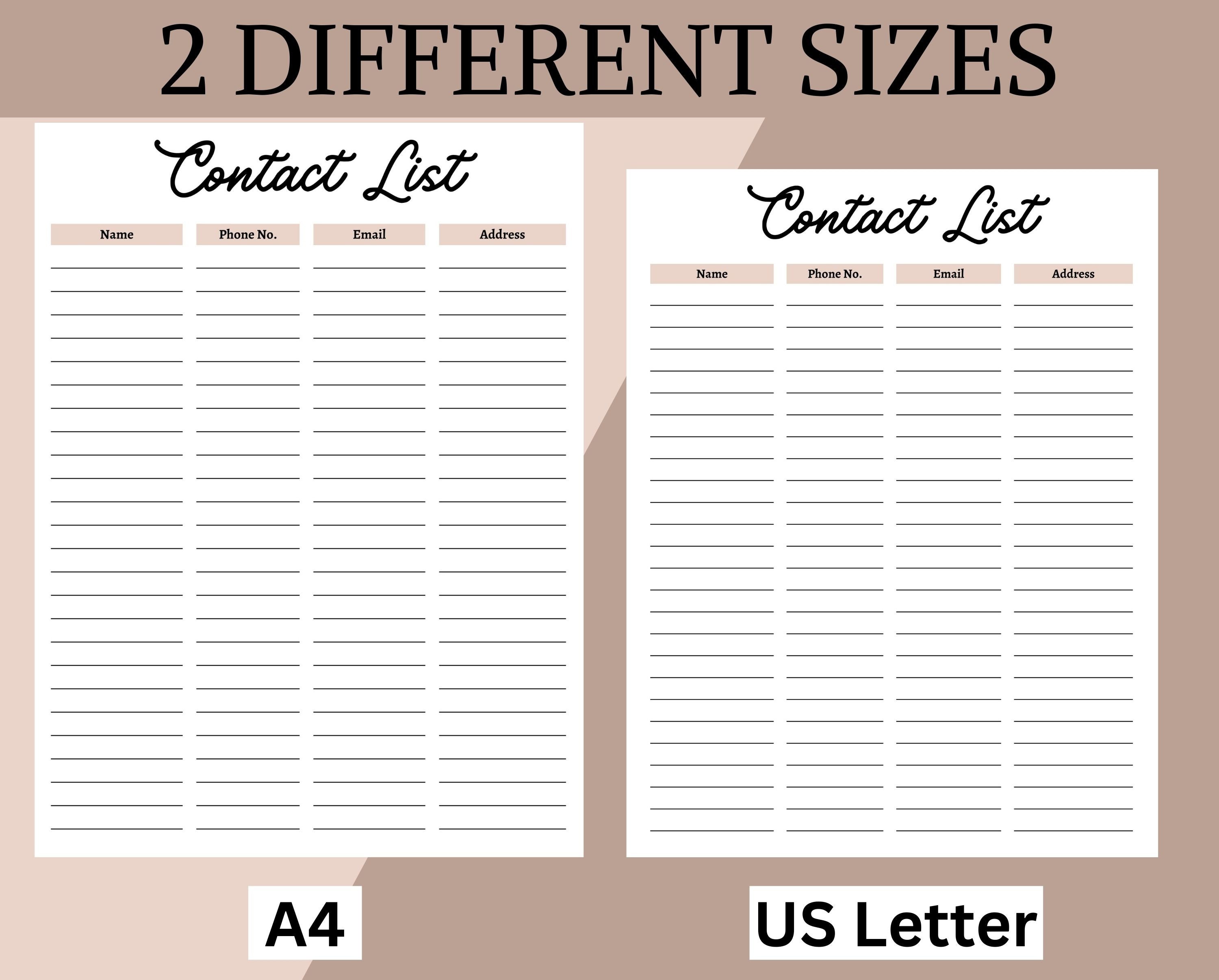 Contact List, Printable Address Book, Print at Home Insert, Simple A4 ...