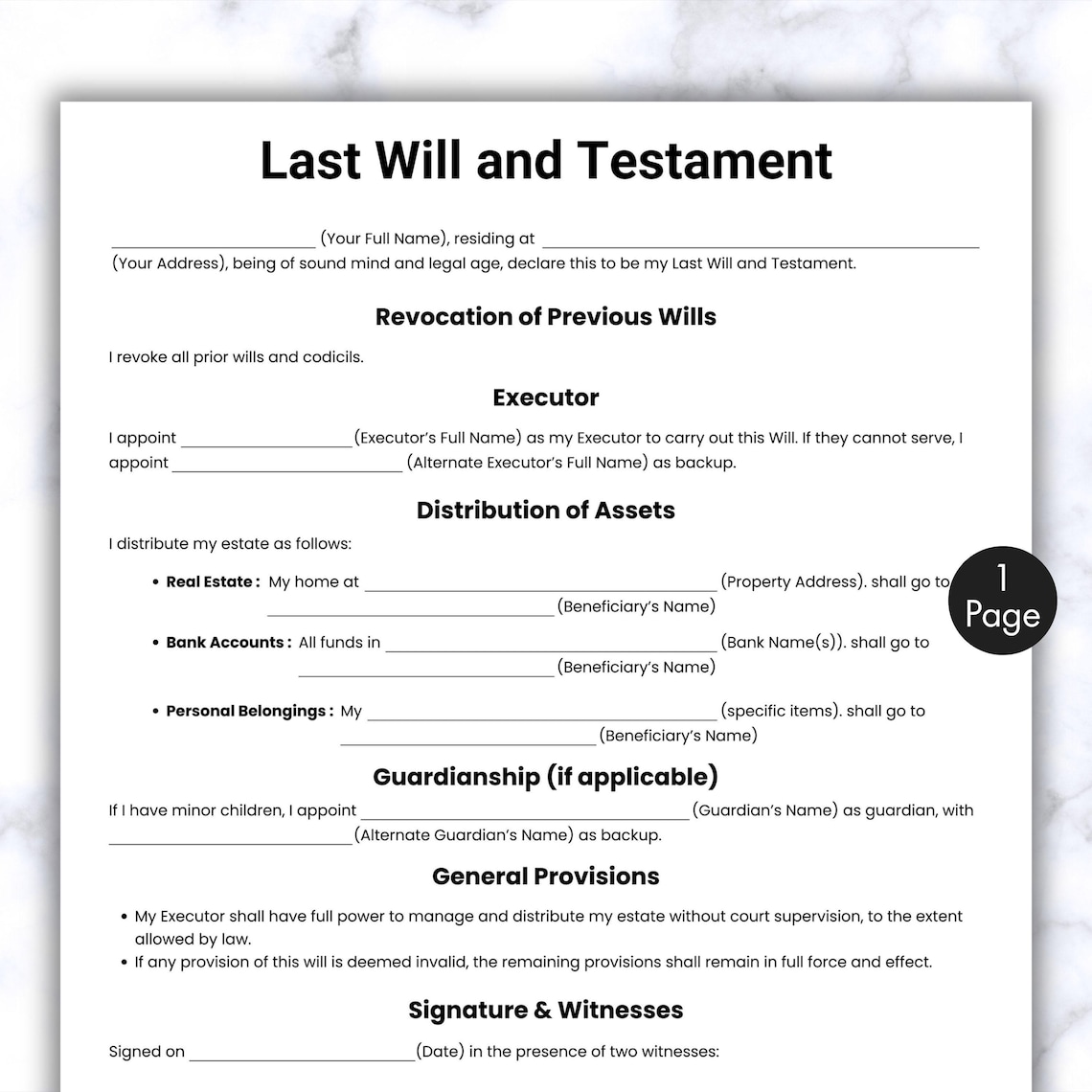 Simple Last Will and Testament, One Page Testament Form, Printable ...