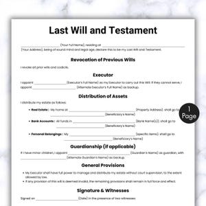 Testamento semplice, modulo di testamento di una pagina, modello stampabile e modificabile per un testamento, testamento personalizzato, modello di testamento di base