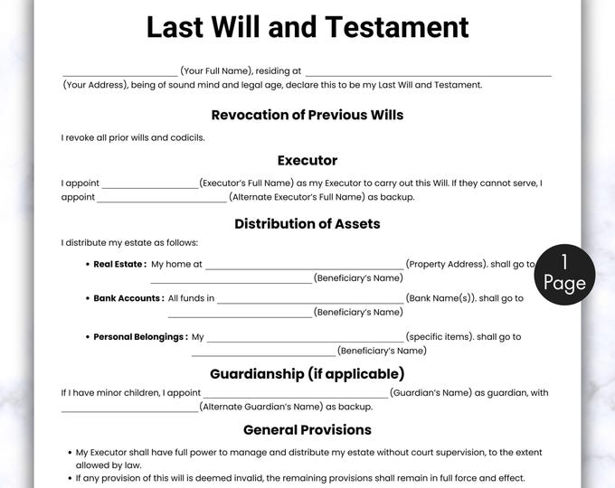 Simple Last Will and Testament, One Page Testament Form, Printable ...