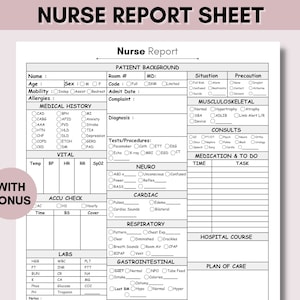 Nursing Report Sheet, Printable Med Surg, Patient Assessment, Nurse Brain, SBAR Nurse Sheet, ICU Report Sheet Nursing, New Grad, RN Nursing