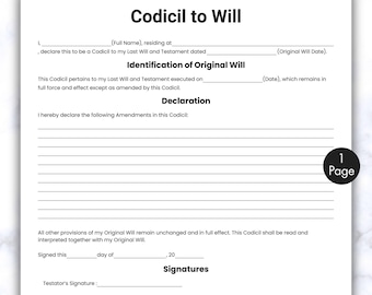 Eenvoudig codicil naar testament, één pagina zal codicil vormen, afdrukbaar en bewerkbaar testament testament codicil juridisch contract, direct downloaden