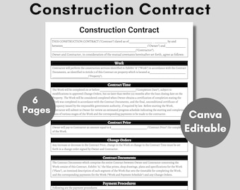Construction Contract - Printable Construction Template - Handyman, Contract Template, Contractor agreement, renovation, remodeling contract