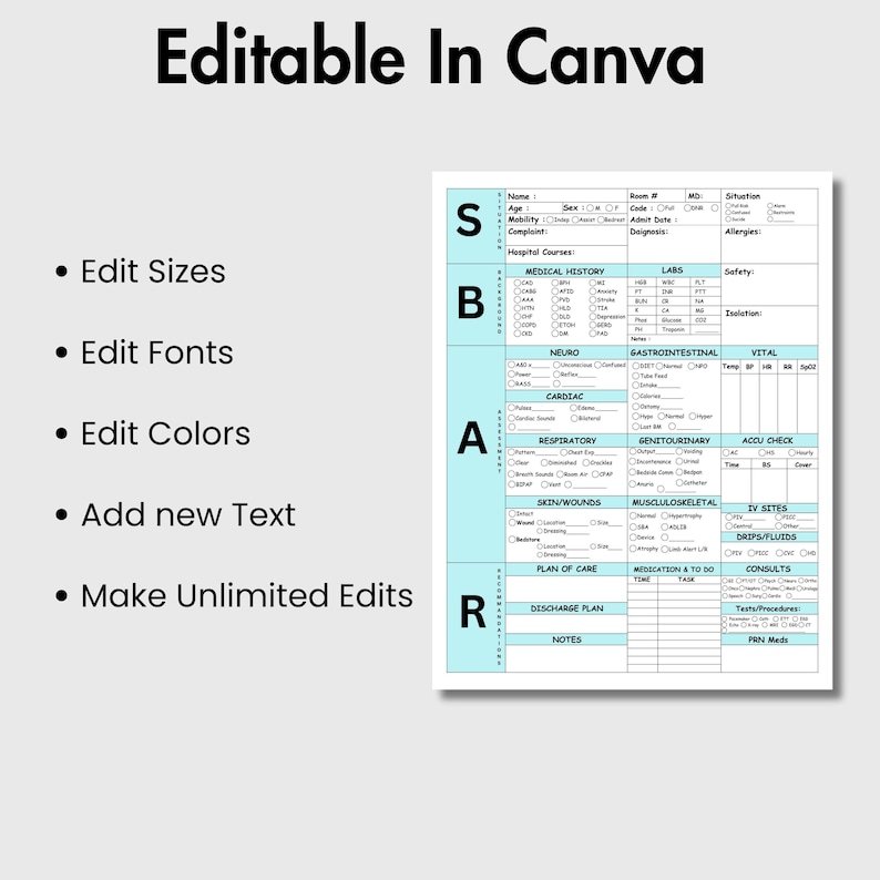 SBAR Nurse Report Template | Printable Nursing Brain Sheet | Editable ...