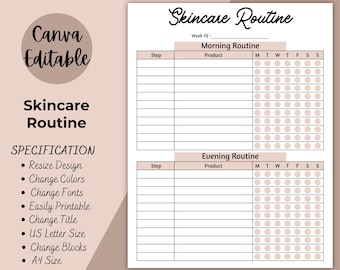 Skincare Routine | Printable Skincare Template | Editable Skincare Organizer | Skincare Planner | Skincare Tracker, Beauty Journal | Digital