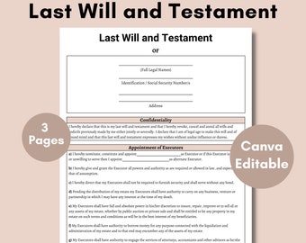 Last Will and Testament, Printable Last Will and Testament Template, Editable PDF File, Last Will and Testament PDF, Legal Will