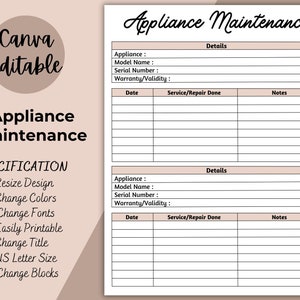 Appliance Maintenance Log,  Appliance Tracker for Home Organization, Printable Home Management Binder, Home Printables, A4, Letter PDF