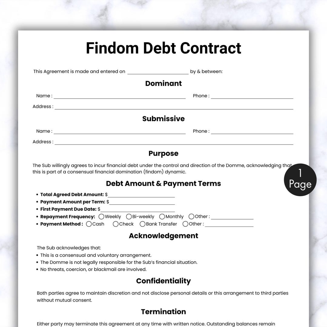 Simple Findom Debt Contract, One Page Findom Debt Agreement Form Canva