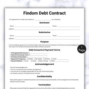 May include: A white document titled "Findom Debt Contract" with sections for "Dominant" and "Submissive" parties. It outlines debt terms, payment methods, and confidentiality clauses. The document is on a white marble-patterned surface.
