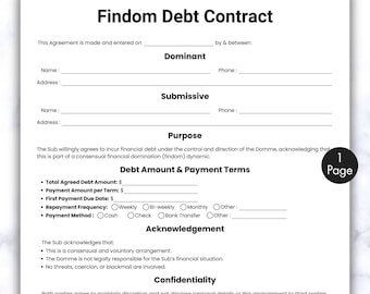 Contrato de deuda Findom simple, formulario de acuerdo de deuda Findom de una página en Canva, acuerdo imprimible y editable para una relación de dominación financiera.