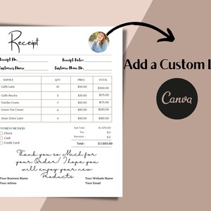 May include: A black and white receipt with the text "Receipt" at the top. The receipt lists various coffee drinks with their prices and quantities. The total amount is $1,503.00. The receipt also includes a payment method section with options for check, cash, and credit card.