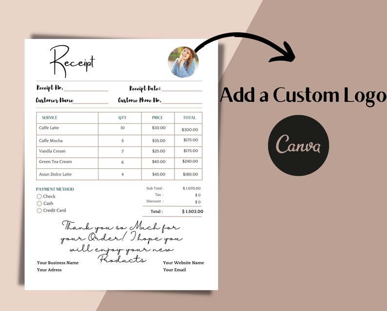 May include: A black and white receipt with the text "Receipt" at the top. The receipt lists various coffee drinks with their prices and quantities. The total amount is $1,503.00. The receipt also includes a payment method section with options for check, cash, and credit card.