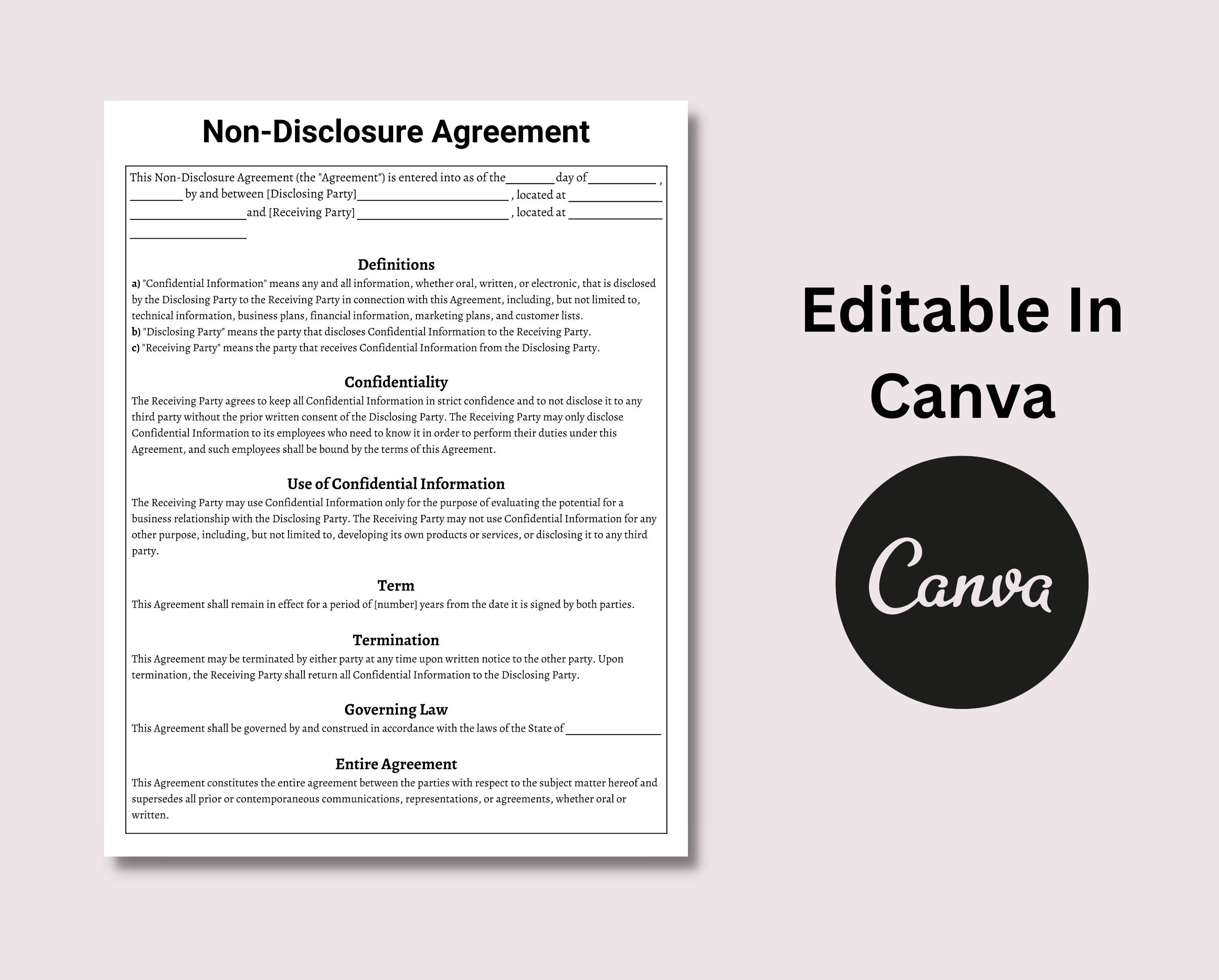 Non-disclosure Agreement Template, Printable Contractor NDA, NDA ...