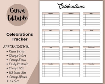 Celebration Tracker | Yearly Event Tracker | Editable Anniversary Tracker | Birthday Planner | Event Planner | Important Dates Tracker PDF