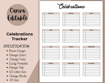 Celebration Tracker | Yearly Event Tracker | Editable Anniversary Tracker | Birthday Planner | Event Planner | Important Dates Tracker PDF