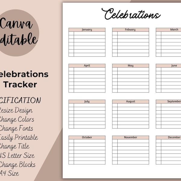 Celebration Tracker | Yearly Event Tracker | Editable Anniversary Tracker | Birthday Planner | Event Planner | Important Dates Tracker PDF