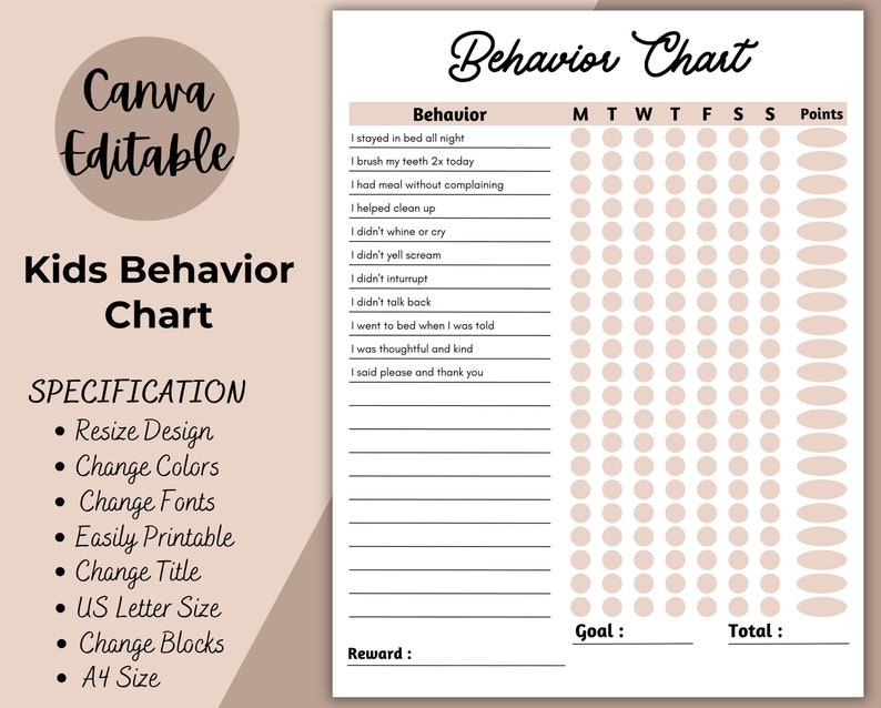 Kids Behavior Reward Chart Printable, Editable, Digital PDF Good