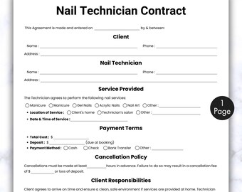 Simple Nail Technician Contract, One Page Nail Tech Consultation Form, Printable & Editable Manicure, Pedicure Nail Agreement, Intake Form