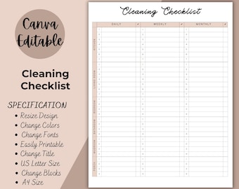 Printable Cleaning Schedule | Editable Daily, Weekly, Monthly Cleaning Checklist | Cleaning Planner | House Chore List | Digital | PDF